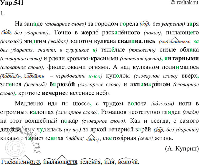 Изображение 541 1. Спишите текст, вставляя пропущенные буквы, знаки препинания и раскрывая скобки. Причастия и деепричастия разбирайте по составу.На зап..де за городом г..рела...